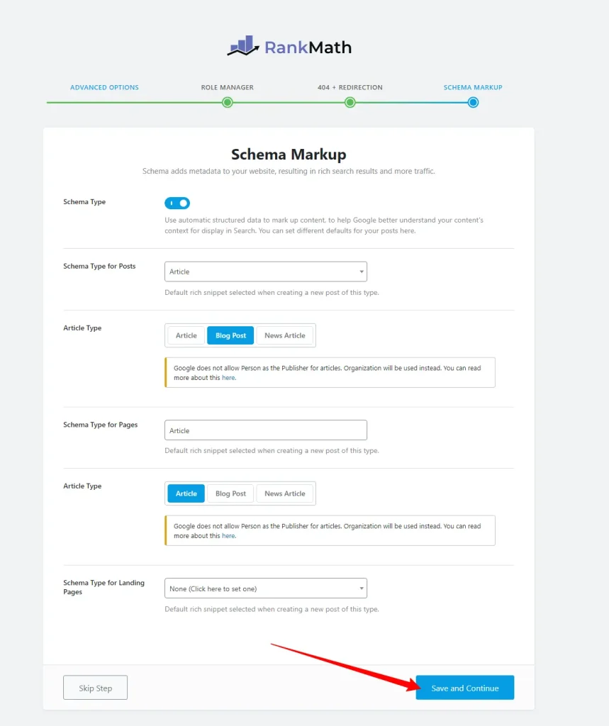 Schema Markup Settings - RankMath Setup Wizard