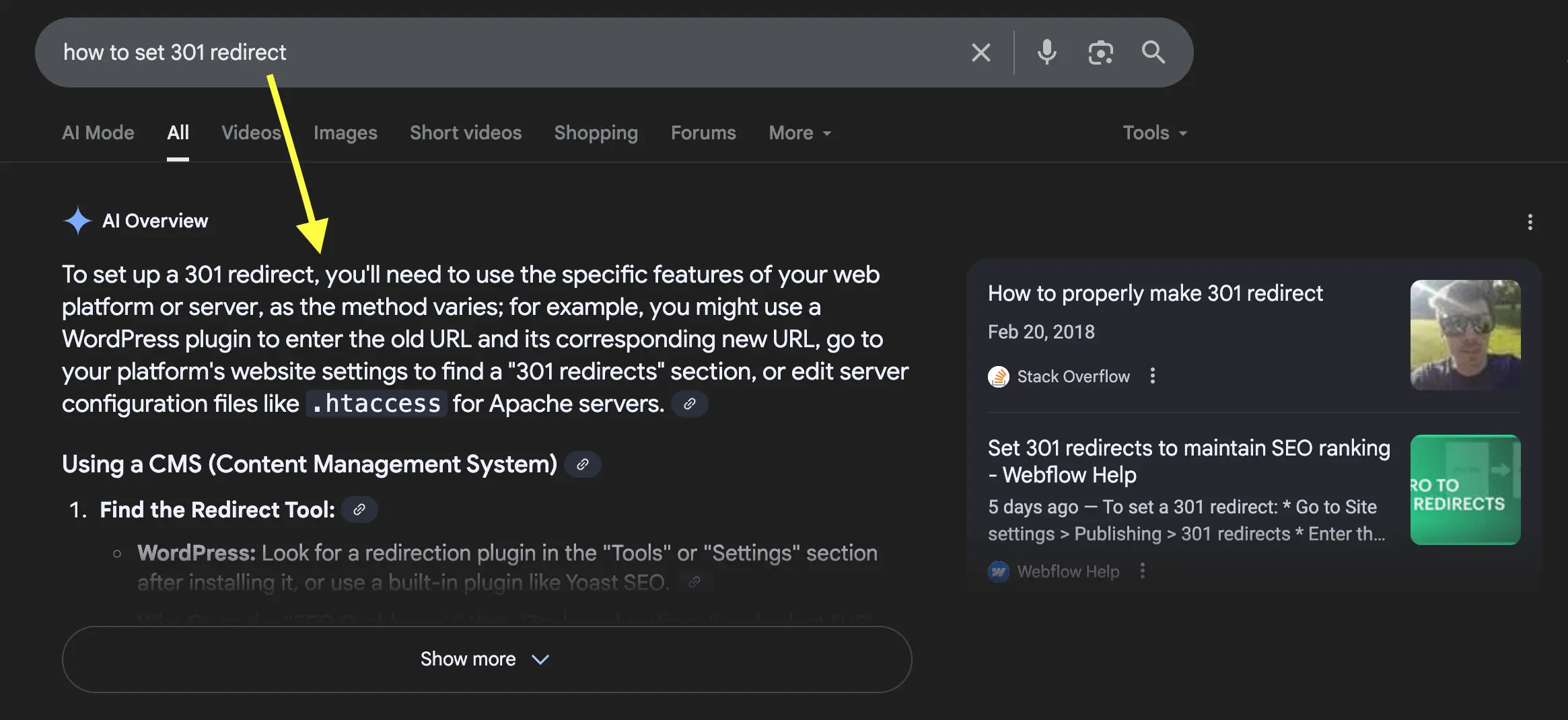 Google AI Overview showing how to set a 301 redirect in search results, example of AI answers in SEO landscape 2025