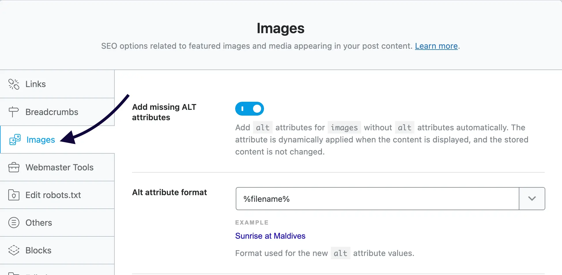Rank Math Image SEO settings showing option to auto-add missing ALT attributes in WordPress.