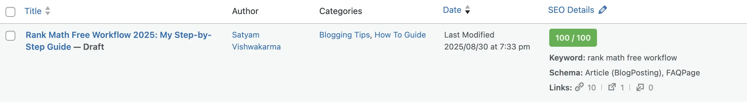 My Rank Math SEO score showing 100 out of 100 in WordPress using Rank Math Free workflow