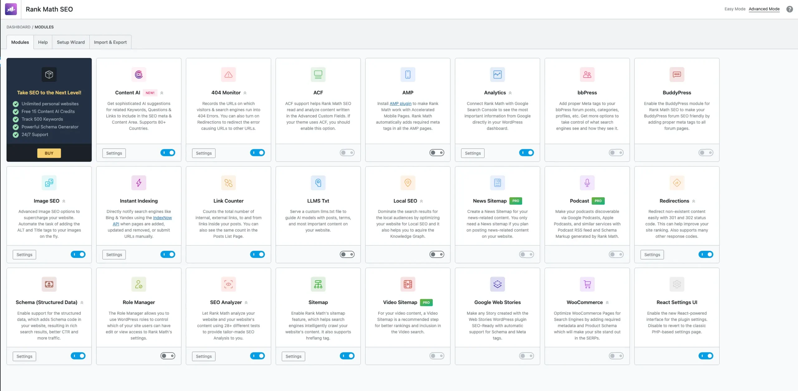 Rank Math SEO plugin modules dashboard in WordPress with features like Schema, Redirections, and SEO Analyzer.