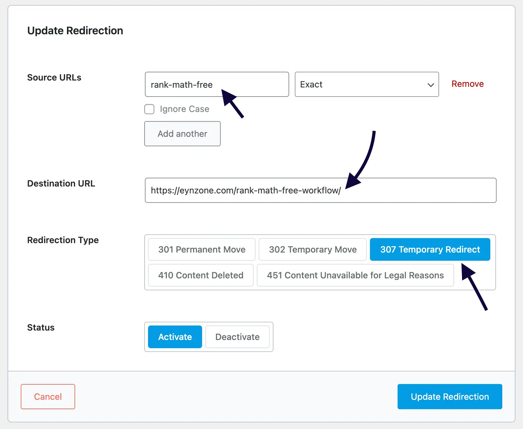 Example of setting up a 307 temporary redirect in Rank Math SEO plugin.