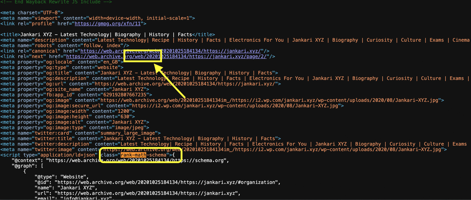 Screenshot from Wayback Machine showing Jankari.xyz website using Rank Math SEO plugin in 2020