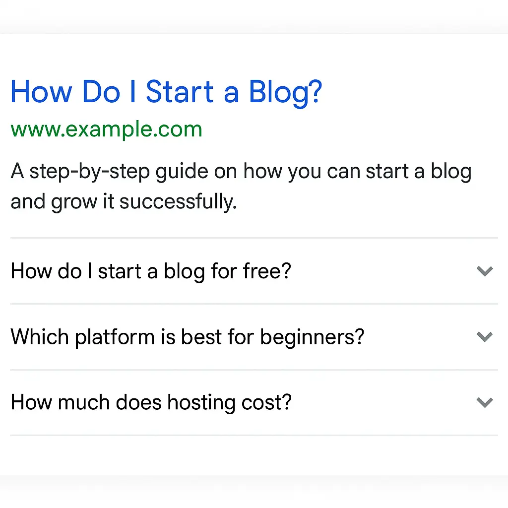 A search preview example of a query "How do I start a blog?" from Google. 