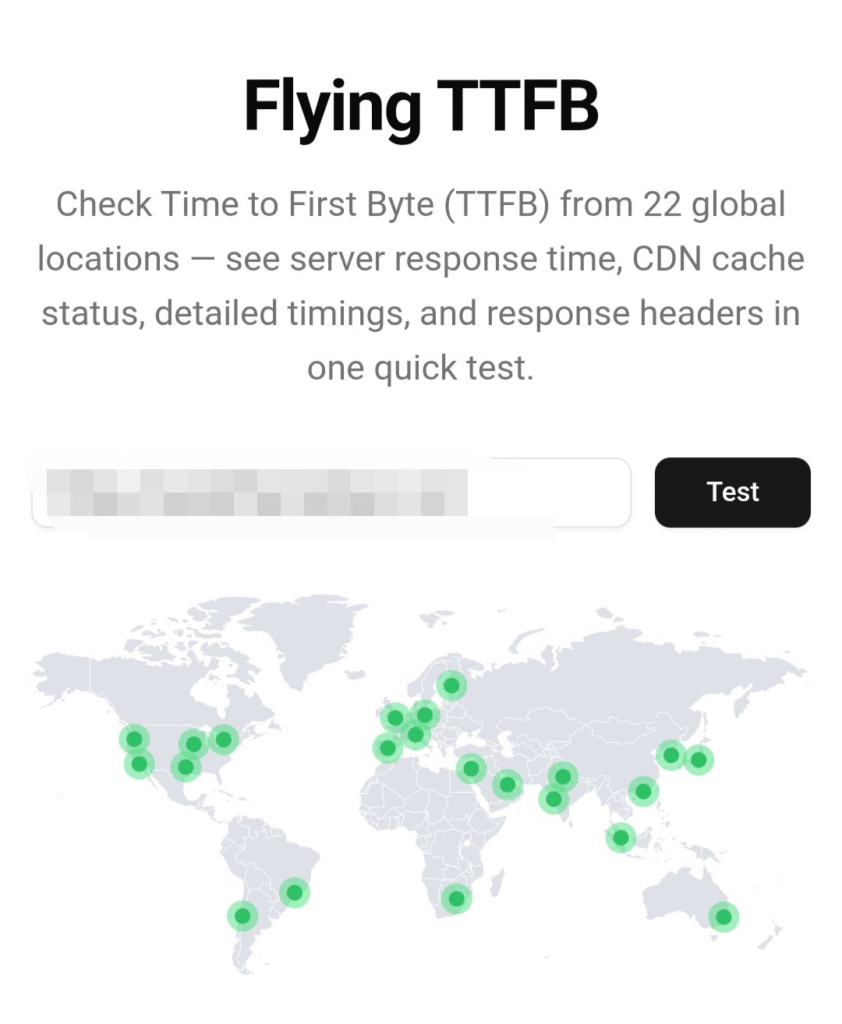 Flying TTFB test showing server response times from 22 global locations for measuring hosting speed and SEO performance.
